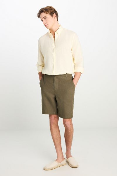 Lee 100% Linen Regular Fit Normal Cut Khaki Shorts with Elastic Waist Detail
