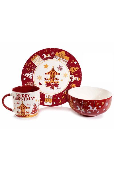Decorer Set mug, plate, and bowl porcelain Christmas 23x9.5x19.5 cm