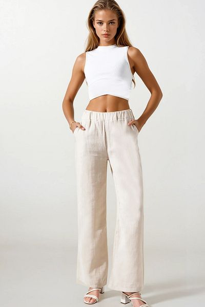 VAGGON Women's Beige Double Pocket Elastic Waist Muslin Palazzo Trousers Vs00208