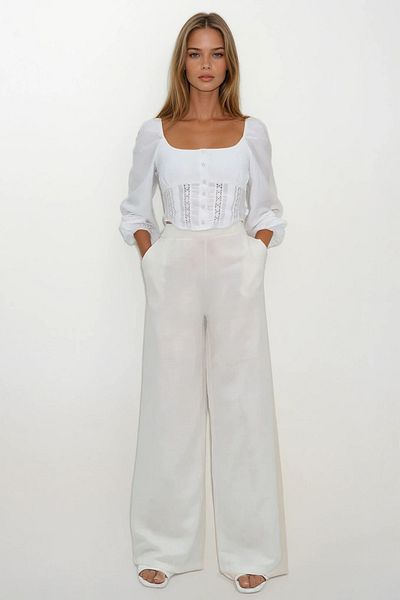 VAGGON Women's Ecru Double Pocket Elastic Waist Muslin Palazzo Trousers Vs00208
