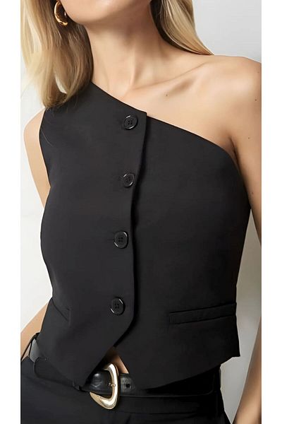 STLB One Shoulder Buttoned Fabric Vest