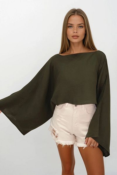 VAGGON Women's Khaki Boat Neck Yarsa Sleeve Crop Muslin Blouse Vs00210