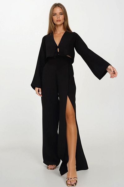 VAGGON Elastic Waist Double Pocket Slit Detailed Trousers and Tie Detailed Crop Blouse Muslin Set