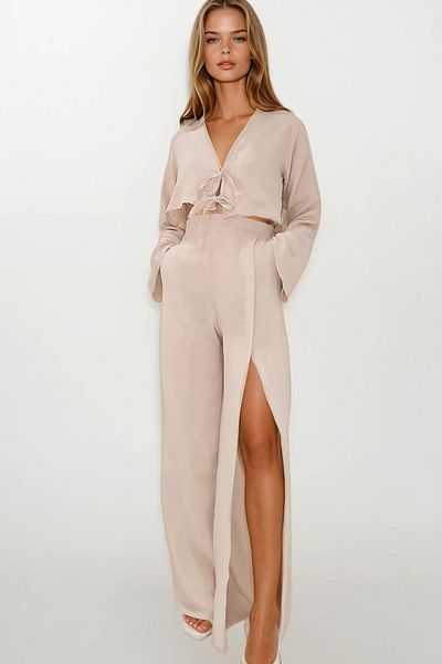 VAGGON Elastic Waist Double Pocket Slit Detailed Trousers and Tie Detailed Crop Blouse Muslin Set