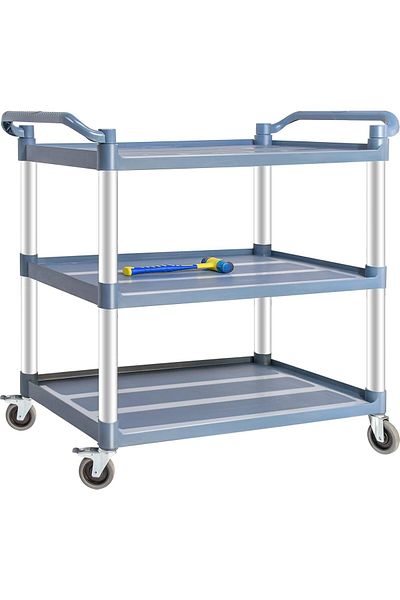 BUNCA Heavy-duty 3-tier service cart with lockable wheels, 500 lb capacity, multi-purpose for kitchen, office, and restaurants