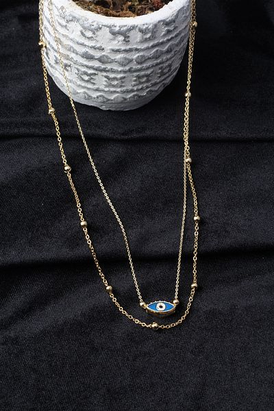 BY BARUN SİLVER Double Chain Necklace with Evil Eye Beads