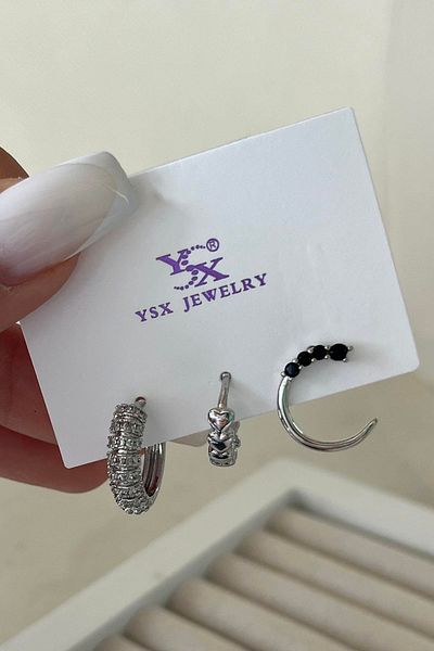 TAKIŞTIR مجموعة أقراط YSX مكونة من 3 قطع بتفاصيل حجرية فضية اللون