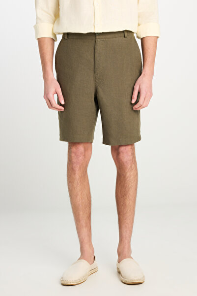 Lee 100% Linen Regular Fit Normal Cut Khaki Shorts with Elastic Waist Detail