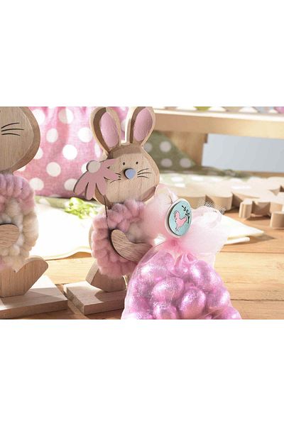 Decorer Set 2 Decorative Easter Rabbits - Wood and Pink Textile 14x6x25