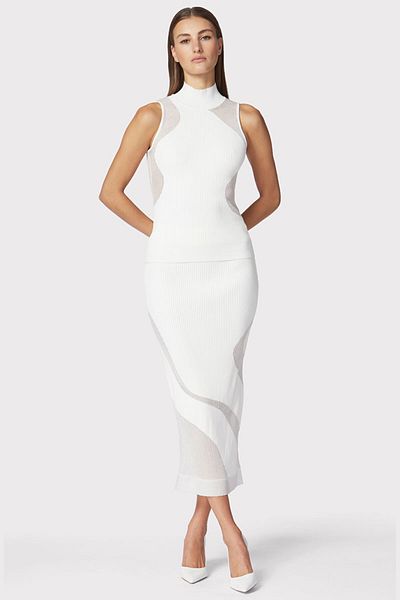 Herve Leger FUSTĂ MIDI TRANSPARENTĂ CU STRIURI OPACE - HERVE LEGER - ALB, M