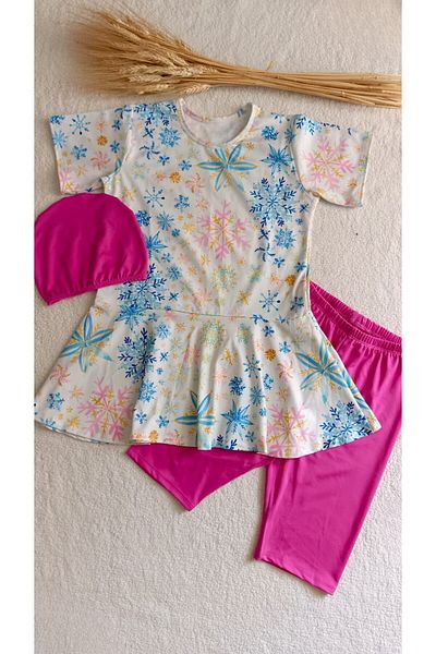 Bilge Trend Girl's Teenage Top, Bonnet, Leggings 3-Piece Snowflake Hijab Sea Pool Swimsuit Set