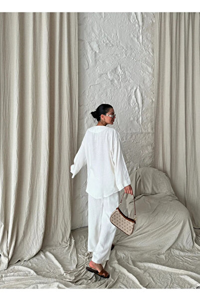 My Blog Ecru Beaded Kimono Linen Suit - 8321