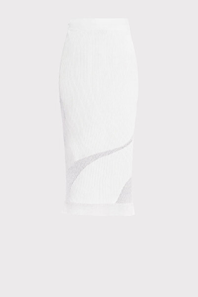 Herve Leger FUSTĂ MIDI TRANSPARENTĂ CU STRIURI OPACE - - ALBĂ, M