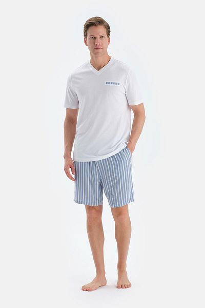 Dagi Ecru V-Neck Fleto Pocket Detailed T-Shirt Shorts Pajama Set