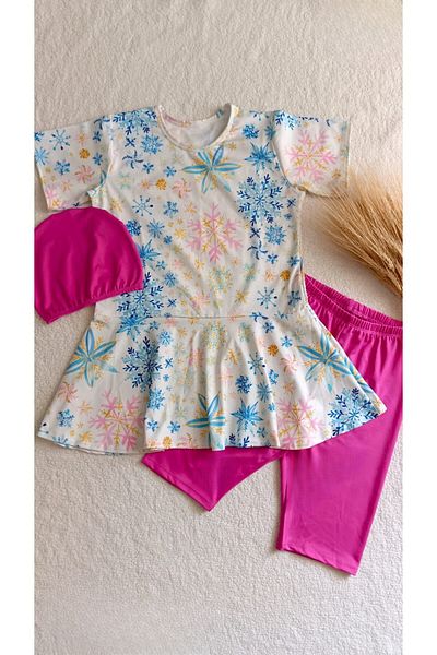 Bilge Trend Girl's Teenage Top, Bonnet, Leggings 3-Piece Snowflake Hijab Sea Pool Swimsuit Set