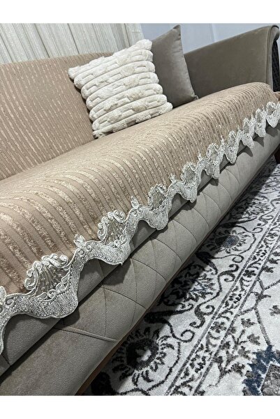 DECORA CASA HOME COLLECTİON Husă de canapea extensibilă anti-alunecare din catifea cu dungi din dantelă 170 x 210