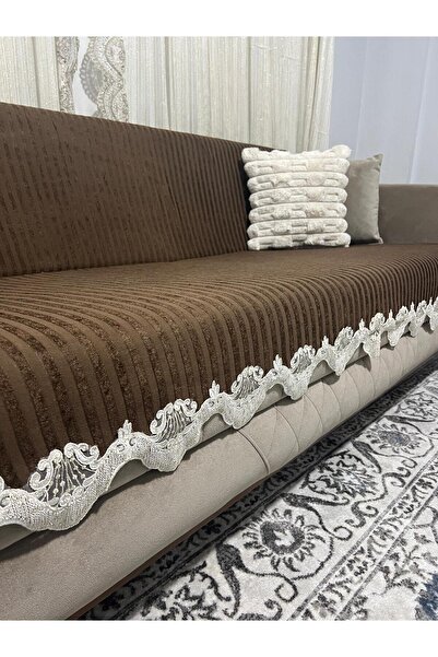 Genel Markalar Dantelli Çizgili Süngerli Kadife Kaymaz Çekyat Koltuk Örtüsü 170 x 210