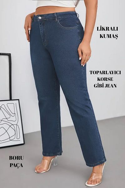 CEDY DENIM - Women's Big Benden Pipe Leg High Waist Regular Fit Lycra Trousers C626-Blue