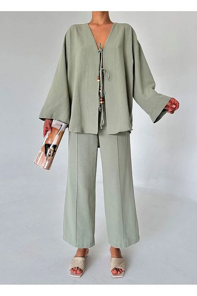 My Blog Çağla Beaded Kimono Linen Suit - 8321