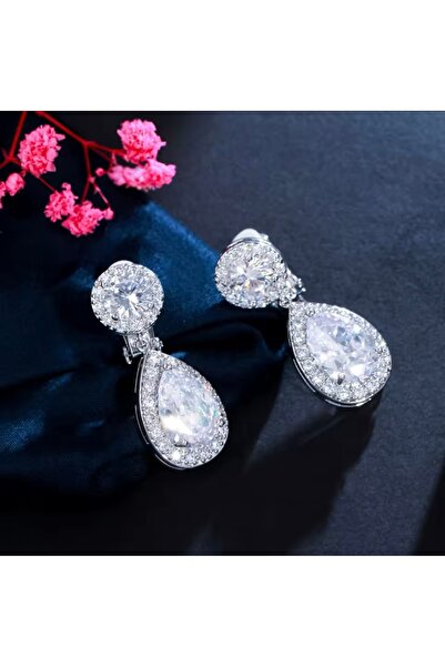 VİYA Öğretmenler Günü Hediyesi Elisa Gümüş Renk Deliksiz Sıkıştırmalı Zirkon Taşlı Abiye Küpe