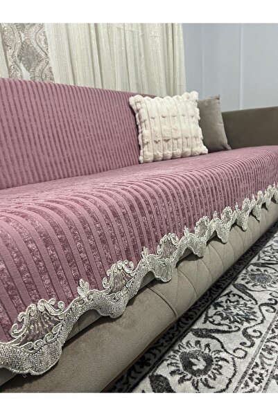 DECORA CASA HOME COLLECTİON Dantelli Çizgili Süngerli Kadife Kaymaz Çekyat Koltuk Örtüsü 170 x 210