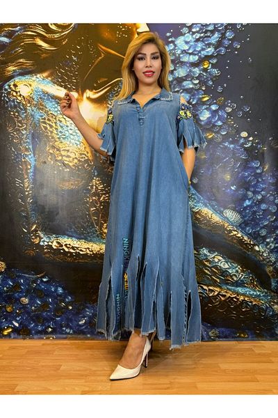 Yeşilmoda Denim Dress,Ripped Sleeves,Pockets,,Blue,High Quality,Summer,Embroidered Sleeves,Open Shoulder,Slim Jeans