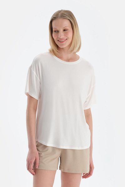 Dagi Ecru Crew Neck Short Sleeve Modal T-Shirt