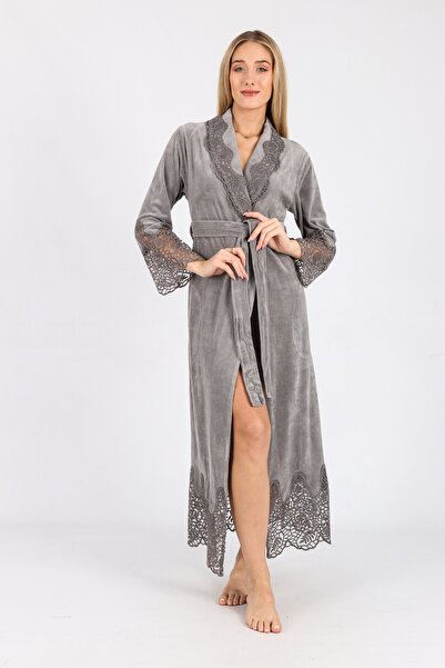 Nuşa Stripe Lace Niki Velvet Bamboo Cotton Dressing Gown