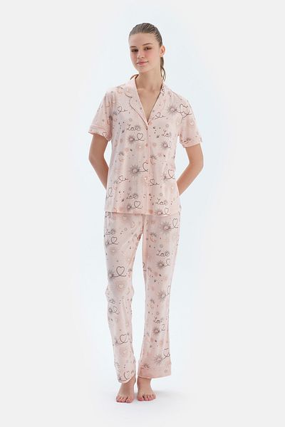 Dagi Pink Meterage Printed Combed Modal Shirt Pants Pajama Set