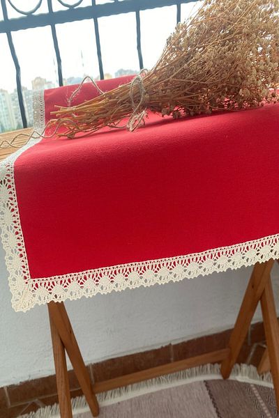 zarafet concept Vintage Lace Detail Duck Linen Runner, Stain-Resistant, Water-Repellent Feature 40*110