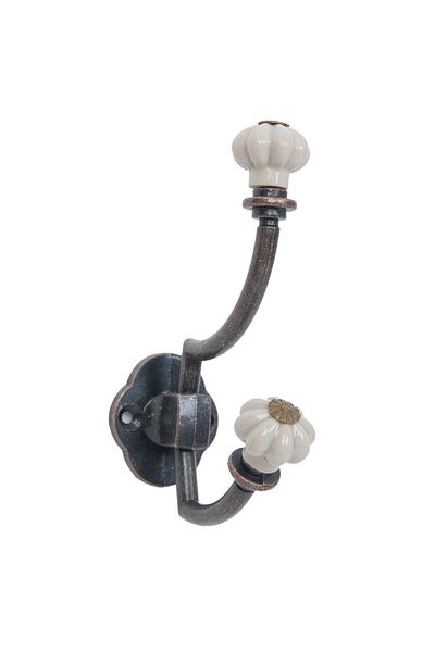Clayre & Eef Cârlig de perete din fier forjat, ceramică, maro, alb, 4 cm x 8 cm x 12 cm