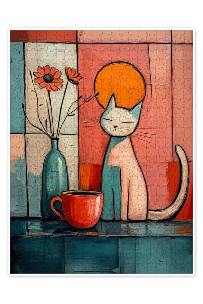 Jeronkarji Kedi ve kahve 500 Parça Puzzle Yapboz Kedi Köpek Temalı Doğa ve Or...
