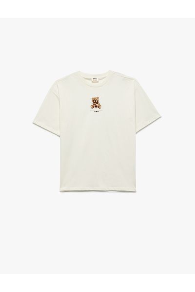Koton Cotton Teddy Bear Embroidery Detailed Short Sleeve Crew Neck T-Shirt