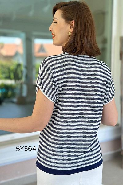İnce Topuk Striped V-Neck Mercerized Blouse 5Y364