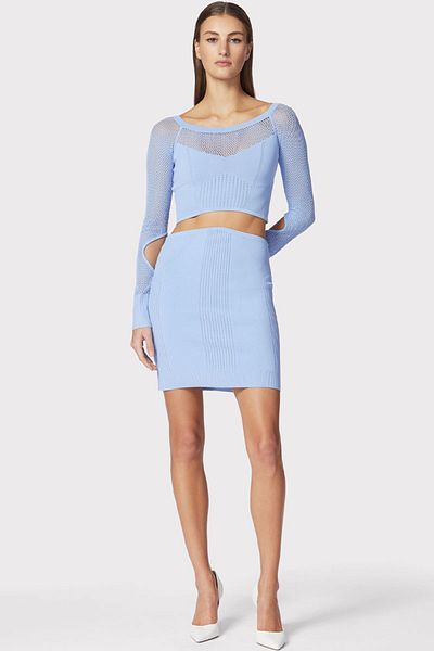 Herve Leger FUSTĂ MINI CU BRODATĂ POINTELLE MIXTĂ - HERVE LEGER - ALBASTRU, S
