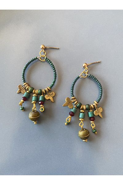 dela otantik Handmade Ethnic Hoop Earrings – Large Size Green Beaded Authentic Bohemian Vintage Bijoux Jewelry Jewelry