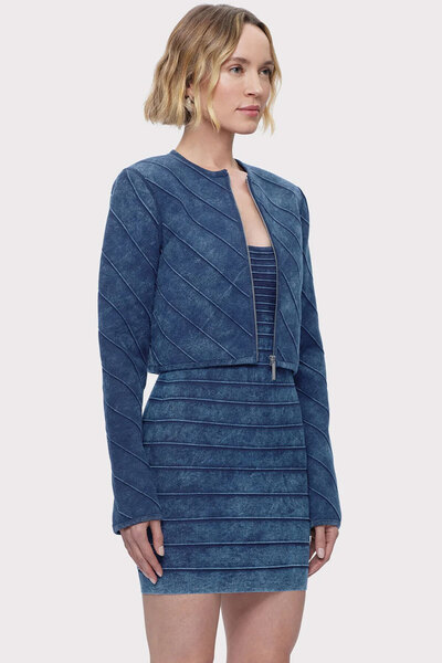 Herve Leger JACĂ DE DENIM CU FERMOAR ÎN FAȚĂ - - ALBASTRU, M