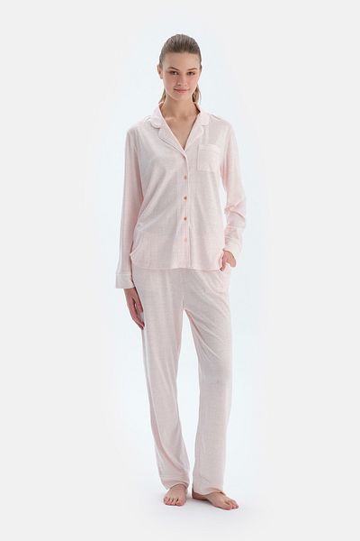 Dagi Light Pink Meterage Heart Printed Shirt Pants Pajama Set