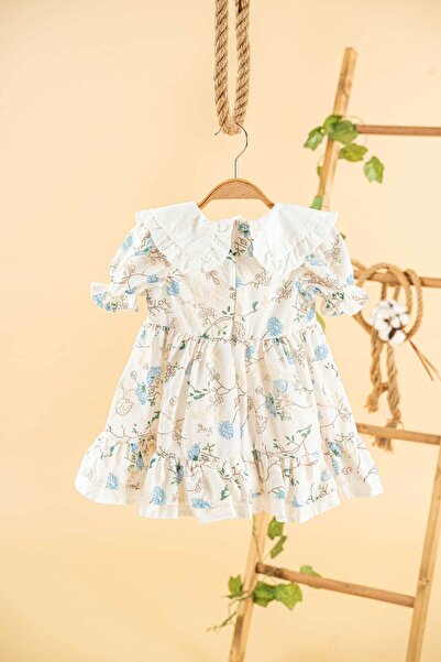 Mini Chics Mavi Çiçekli Brodeli Kısa Kol Kız Çocuk Elbise