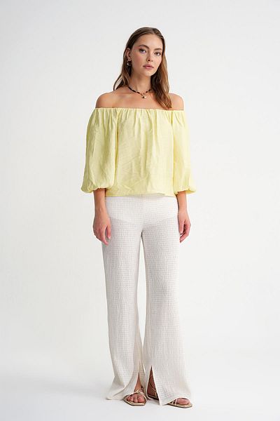 Mixray 4706 Women's Backless Balloon Sleeve Strapless Blouse Yellow