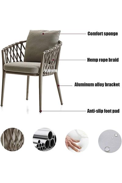 rexa Outdoor Hemp Rope Weaving Dining Chair Metal Frame Woven Seat Indoor Lounge Chair with Cushion Gray