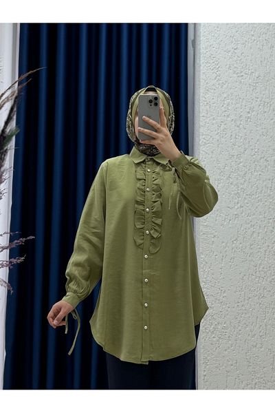 Mihra Ravessa Cupra Frilly Tunic-ZN4145 Πράσινο φιστίκι