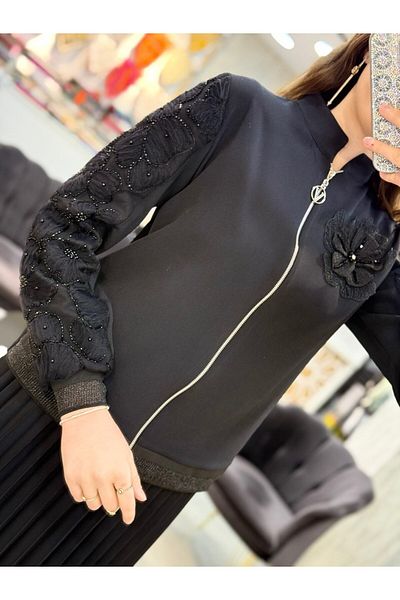 BELEN Organized Fabric and Pearl Flower Detailed Pleated Skirt Suit
