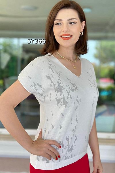 İnce Topuk V Neck Patterned Mercerized Blouse 5Y366