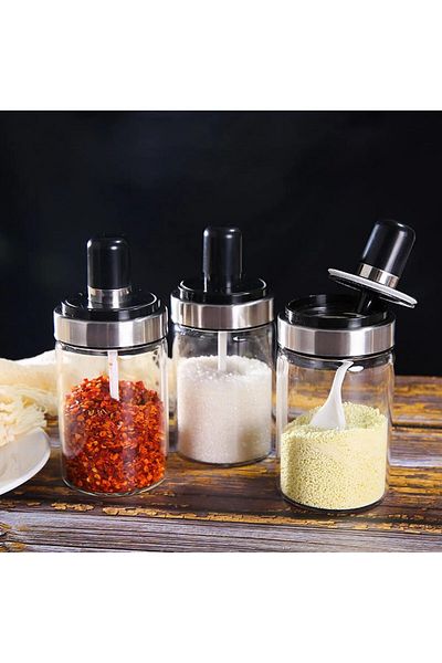 Limitless 3 Pcs Glass Spice Jars with Spoon Covers, Airtight Lids
