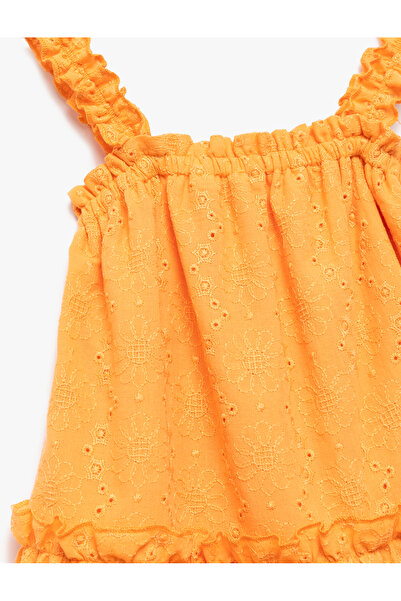 Koton Ruffle Detail Cotton Brode Layered Square Neck Strap Dress