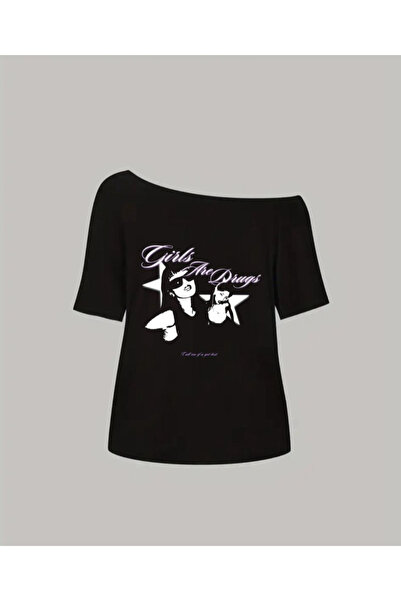 Keywest Kadın Kayık Yaka Girls Are Drugs Baskılı Oversize %100 Pamuk T-shirt