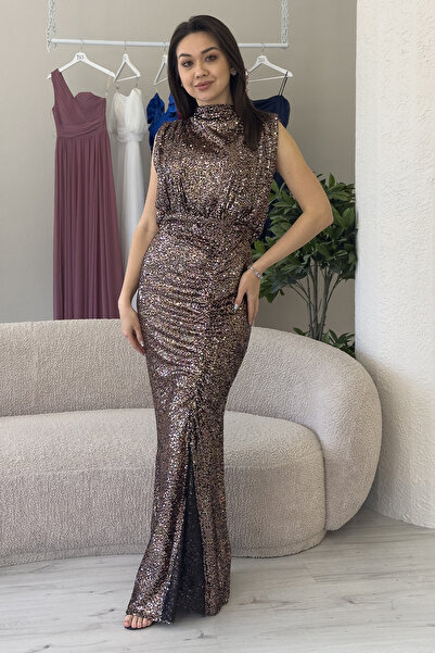 zks grup tekstil Γυναικείο βραδινό φόρεμα με γιακά με λεπτομέρεια με παγιέτες με παγιέτες, μπλε, μαύρο, βιζόν