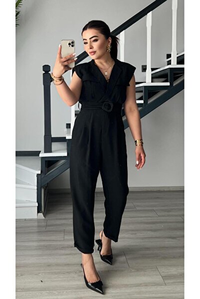 Oslove Siyah Kruvaze Kuşaklı Tulum