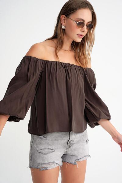 Mixray 4706 Women's Backless Balloon Sleeve Strapless Blouse Brown